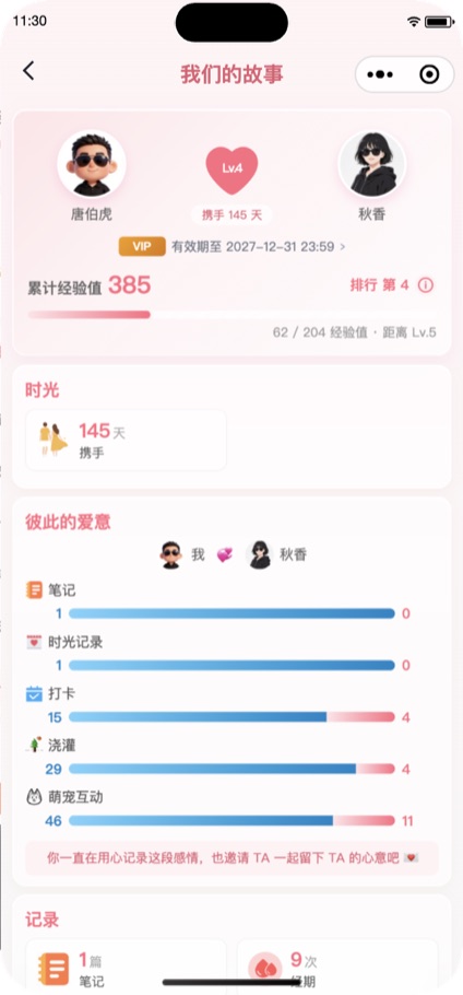 我们的故事页面:携手天数、恋爱等级与彼此的爱意统计